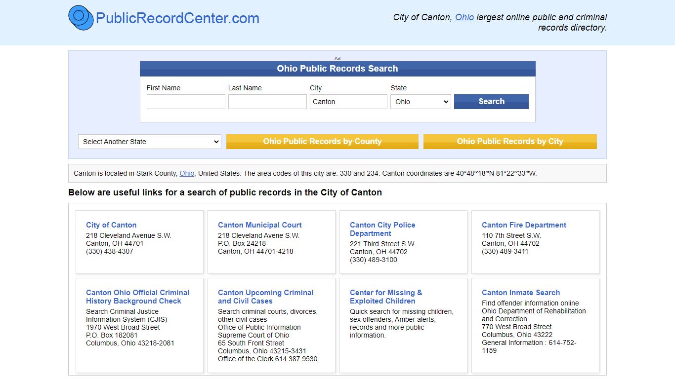 Canton, Ohio Public Records and Criminal Background Check